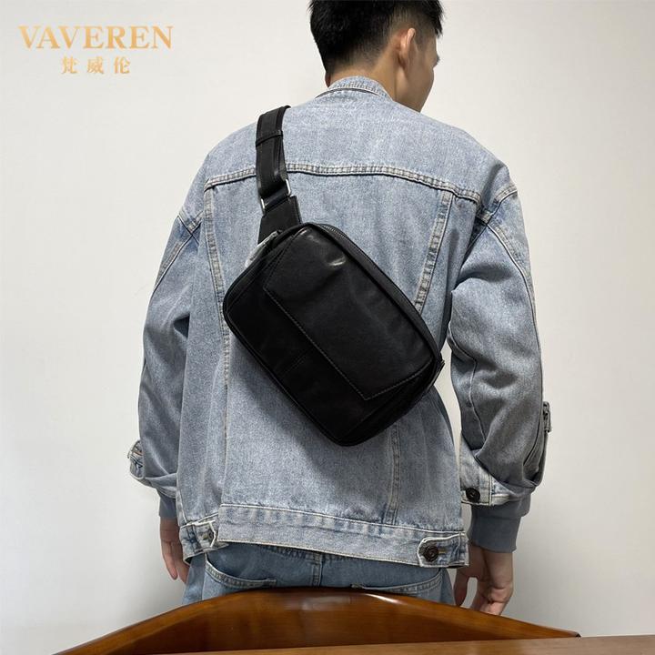 高端男士斜挎包真皮横款真皮胸包时尚大容量单肩包植鞣牛皮机能包