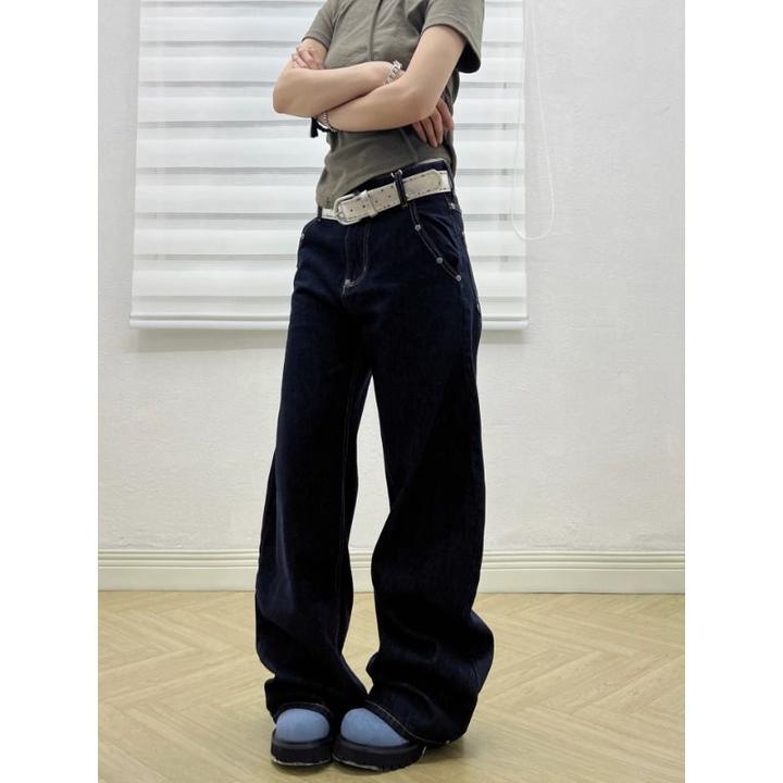 美式复古丹宁原色绿松石弯刀牛仔裤男女宽松阔腿垂感直筒帅气长裤