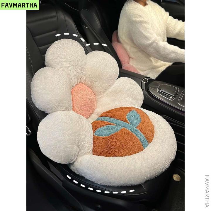 汽车坐垫冬季毛绒2025新款可爱女士花朵汽车一体座垫腰靠保暖加热