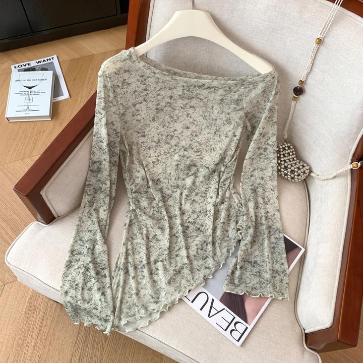 国风不规则露肩水墨画套头长袖t恤女时尚简约百搭设计感防晒上衣