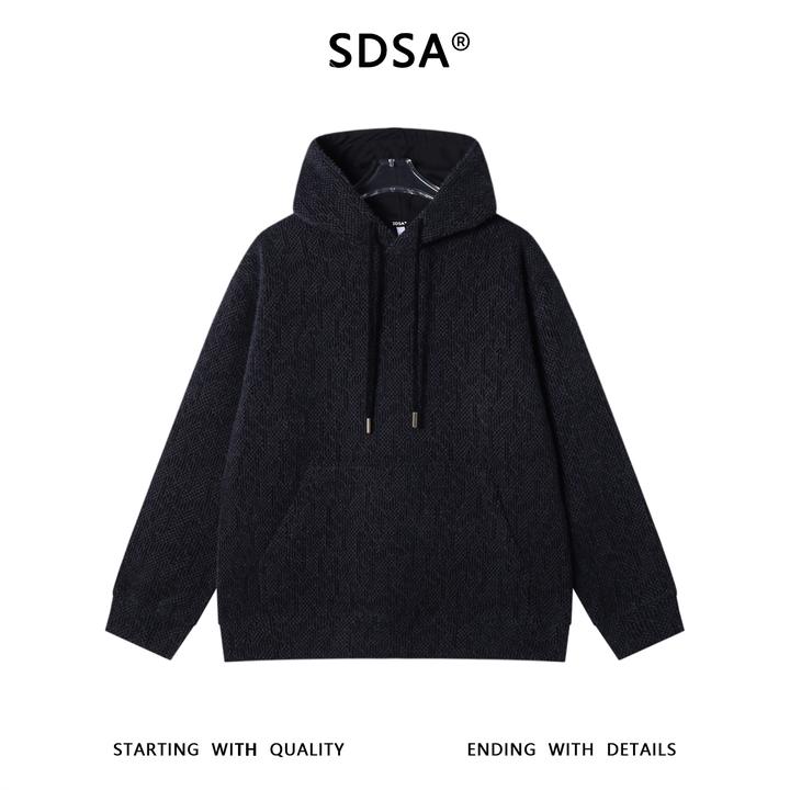 SDSA男士秋冬新款痞帅男装简约提花暗纹绒毛抽绳连帽卫衣百搭情侣
