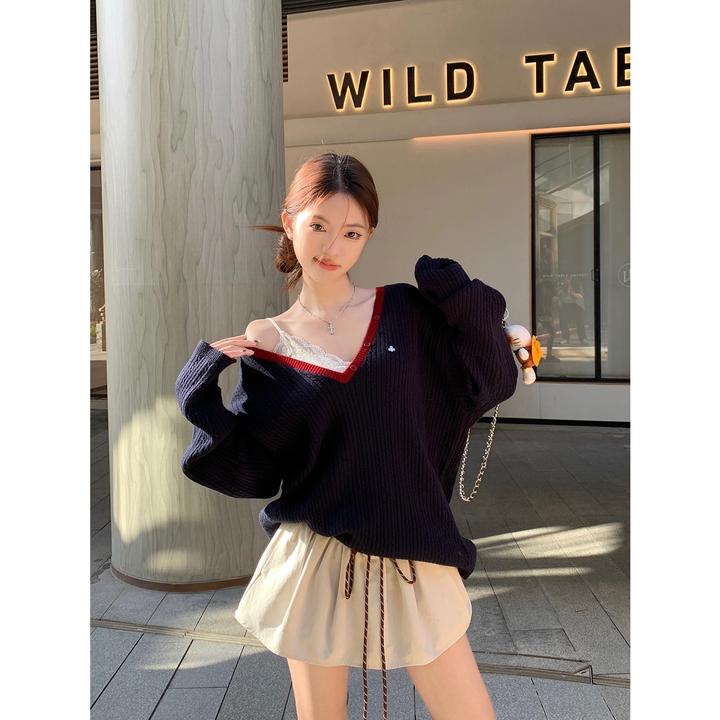 气质V领宽松针织衫毛衣+蕾丝吊带女春季抽绳蓬蓬半身裙时尚两件套