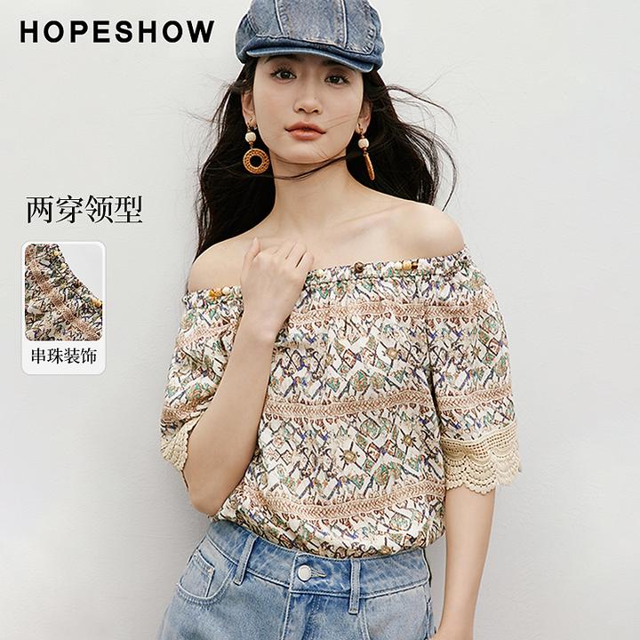 红袖2025夏女装 【流浪诗人】印花蕾丝拼接两穿领上衣90125182006