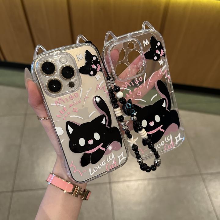 BANCA卡通惊吓黑猫挂链适用iPhone16/15pro苹果1412耳朵手机壳13