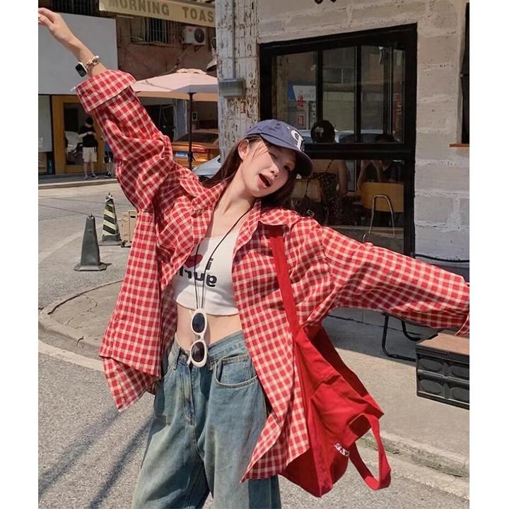 美式红色格子衬衫男夏季薄款防晒长袖衬衣vintage高级感格纹外套