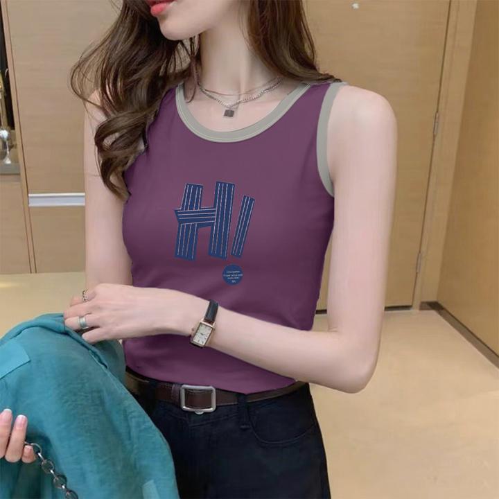 纯棉女背心打底外穿夏季韩版百搭修身显瘦印花圆领无袖运动上衣潮