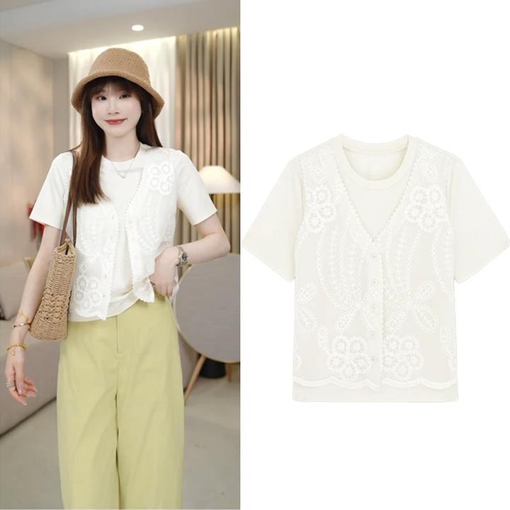 2025夏季新款韩版重工假两件钩花刺绣短袖T恤女小众宽松百搭上衣