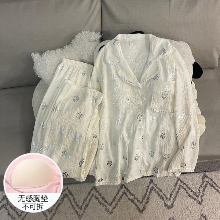 睡衣女春秋季带胸垫长袖2025新款大码玫瑰花杏色时尚套装家居服