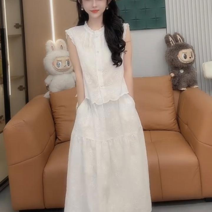 夏季新款重工刺绣镂空无袖小衫半身裙套装透气洋气减龄显瘦两件套