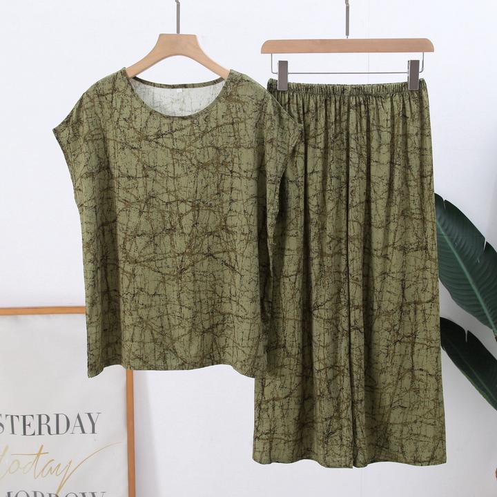 夏季妈妈睡衣棉绸短袖两件套绸缎大码可外穿中老年人家居服套装