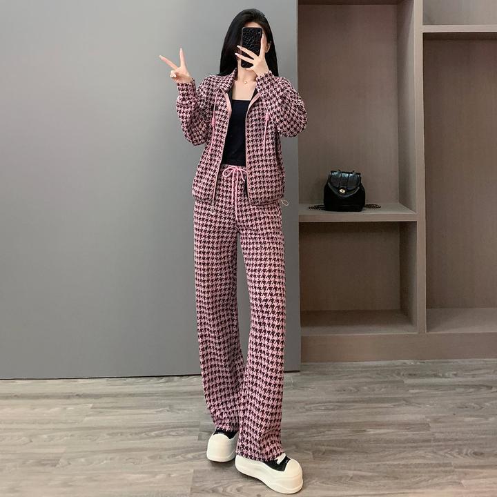 2025秋季新款时尚套装女立领宽松长袖上衣高腰显瘦阔腿裤两件套潮