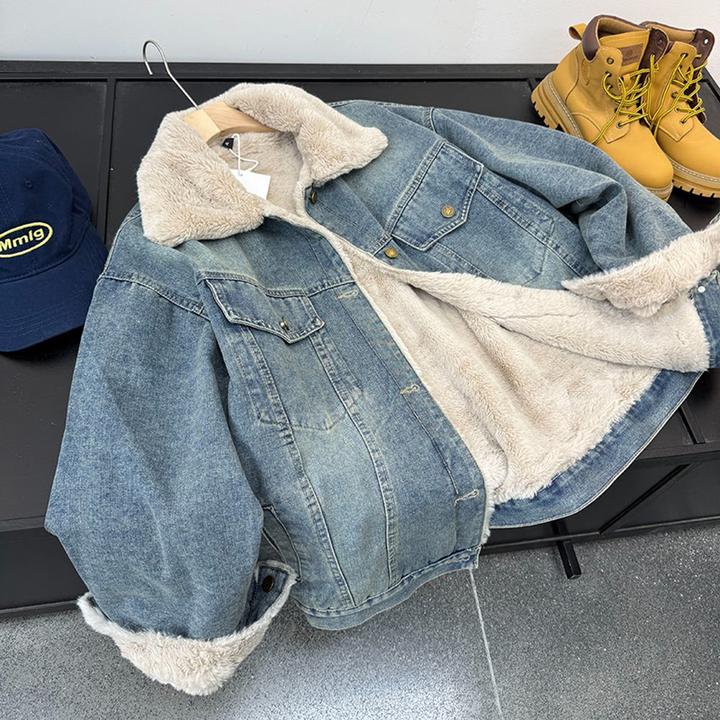 加绒加厚牛仔外套女秋冬季新款设计感休闲宽松百搭通勤夹克上衣女