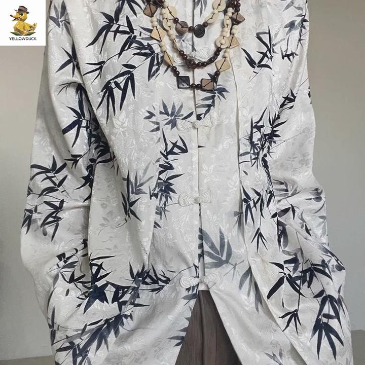 春秋【竹叶】无性别国风禅意盘扣立领提花衬衣高级感新中式衬衫长