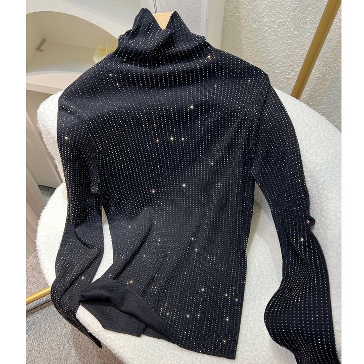 璀璨亮烫钻2024秋冬高领羊毛进口毛衣修身亲肤针织内搭打底衫女款