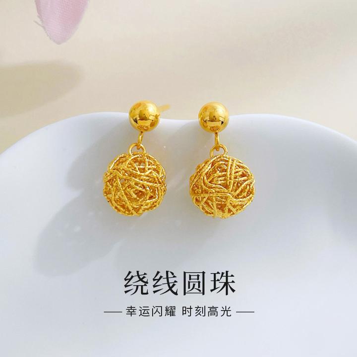 老鳯祥足金999精品5G幸运闪耀绕线圆珠黄金耳钉送女友礼物*商城