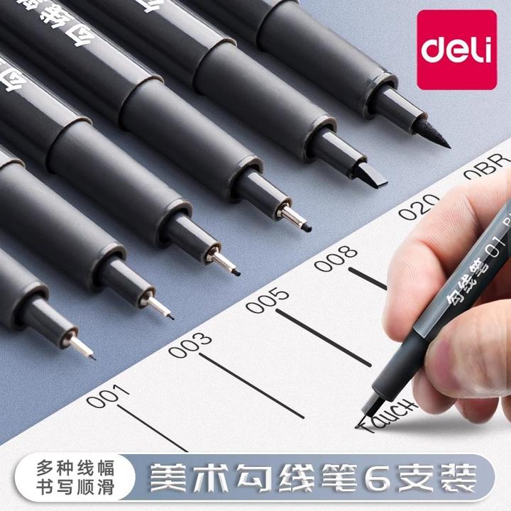 得力双头勾线笔美术专用记号笔水油性学生黑色儿童绘画马克笔批发