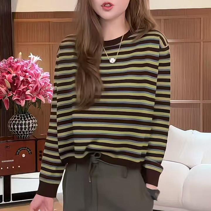 韩版百搭2025早秋新款时尚宽松长袖T恤女复古时髦条纹打底衫上衣