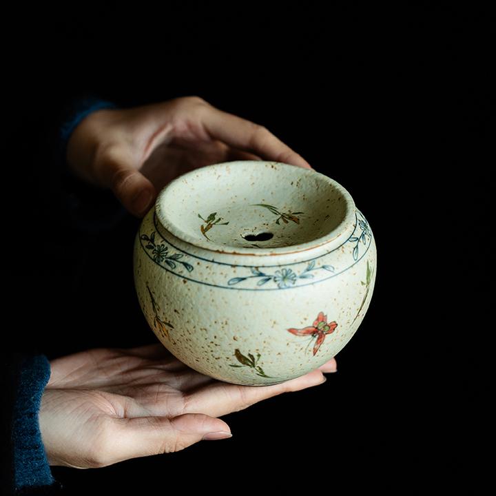 德白青花火石红纯手绘蝴蝶兰花祥云建水洗茶渣桶茶洗缸陶瓷零配件