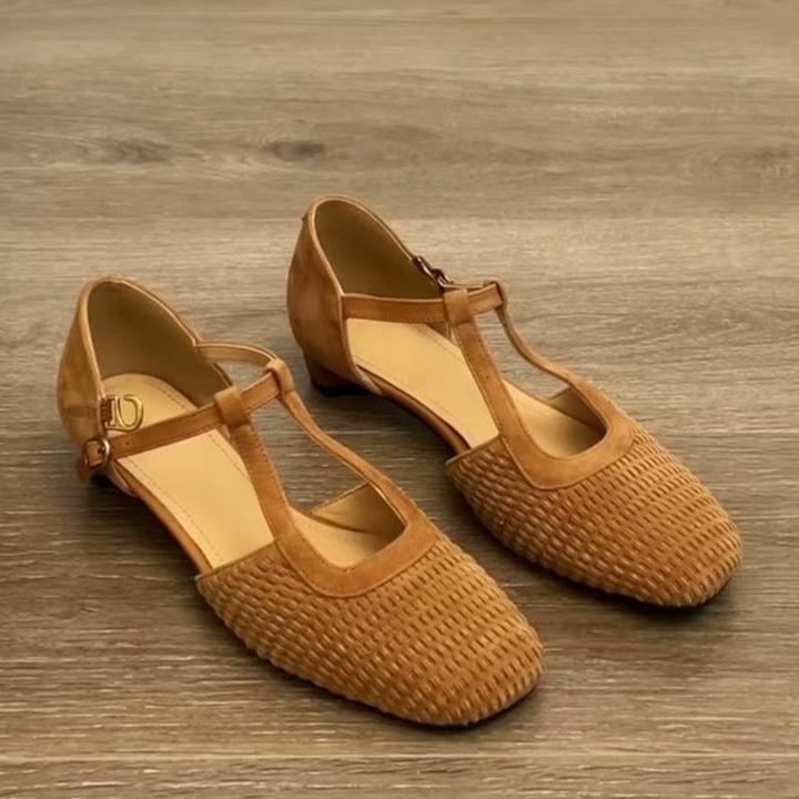 复古编织绝美罗马凉鞋女配裙子中空玛丽珍粗跟包头单鞋