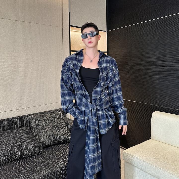 秋季韩国复古格子衬衫男长袖小众可拆卸飘带设计感网红慵懒风外套
