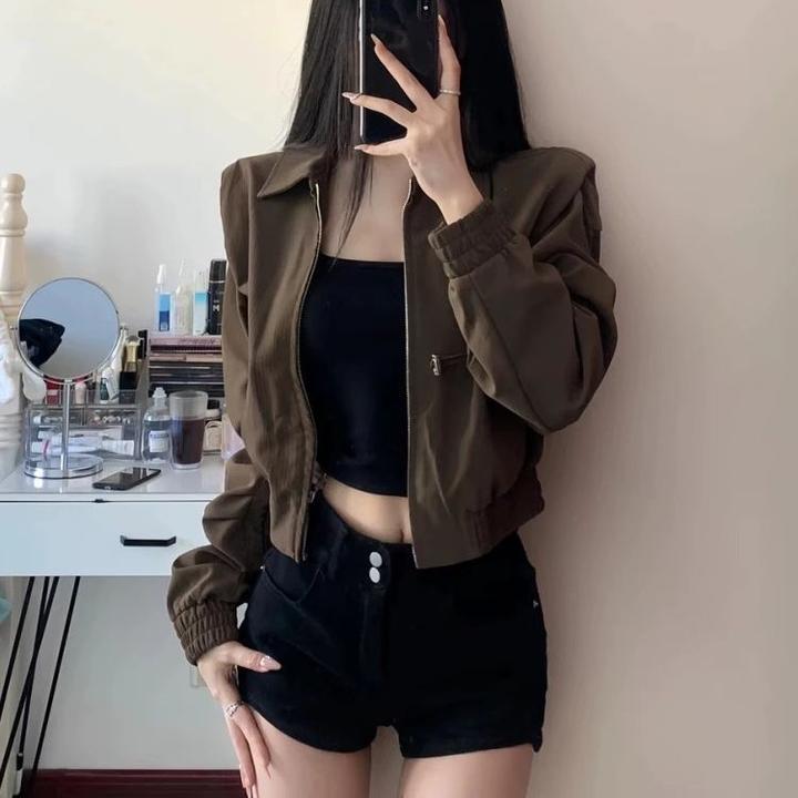 美式复古棕色短款外套女早春秋季高级感小个子宽松休闲夹克上衣潮