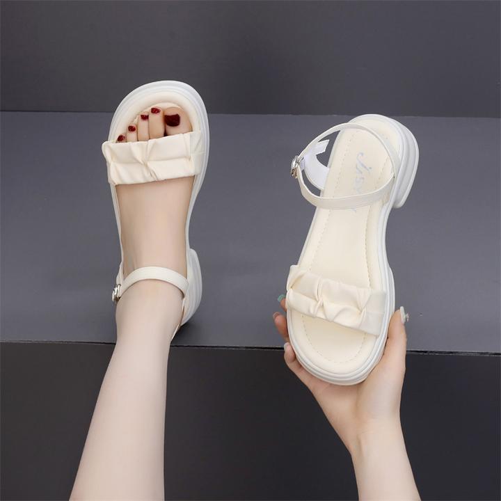 夏季厚底凉鞋女2025新款潮流露趾百搭复古编织高级感一字带凉鞋女