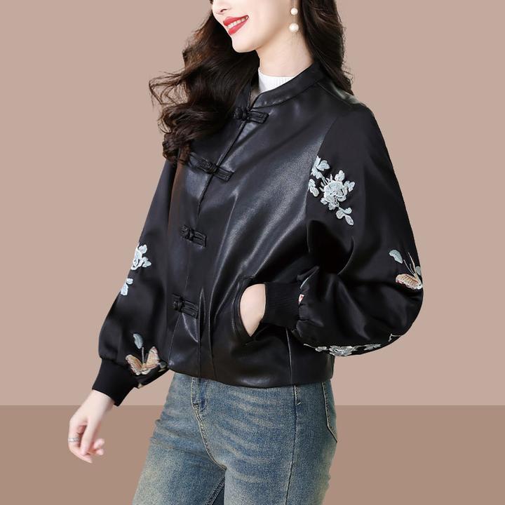 2025秋冬高品质设计感宽松黑色皮衣短外套长袖夹克中式国风绣花女