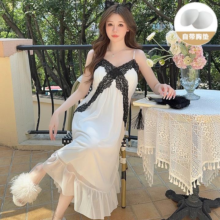 高档轻奢蕾丝吊带睡裙女夏季网纱薄款性感纯欲网红爆款睡衣带胸垫