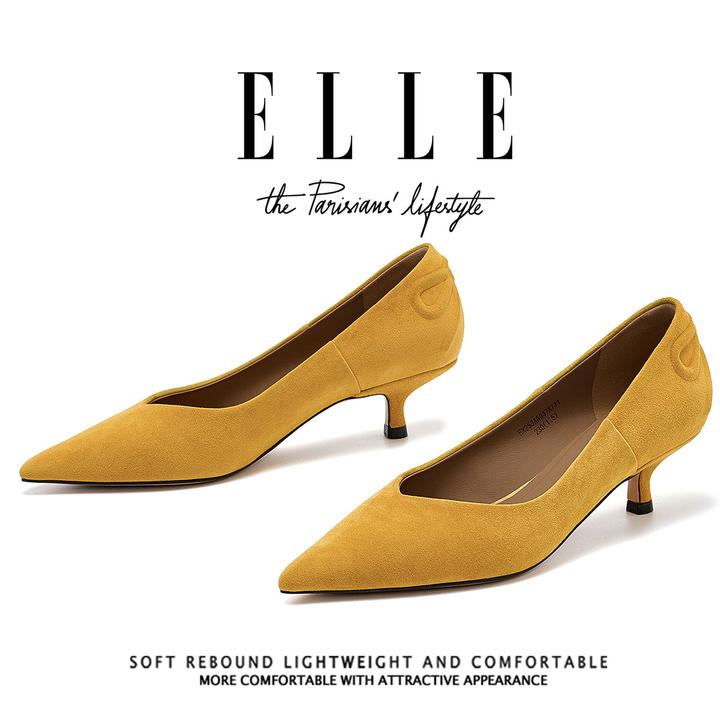 ELLE羊皮中跟蝴蝶结女鞋时尚气质欧美风绒面浅口尖头细跟显瘦单鞋