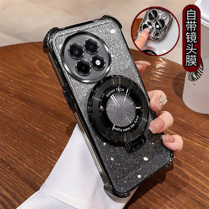 适用一加ACE5手机壳PKG110轻奢女全包镜头闪粉磁吸支架软壳潮防摔