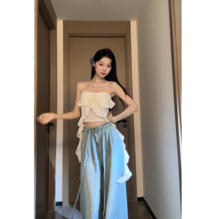 韩系纯欲辣妹荷叶边花朵无袖抹胸纯欲性感修身白色上衣牛仔裤套装