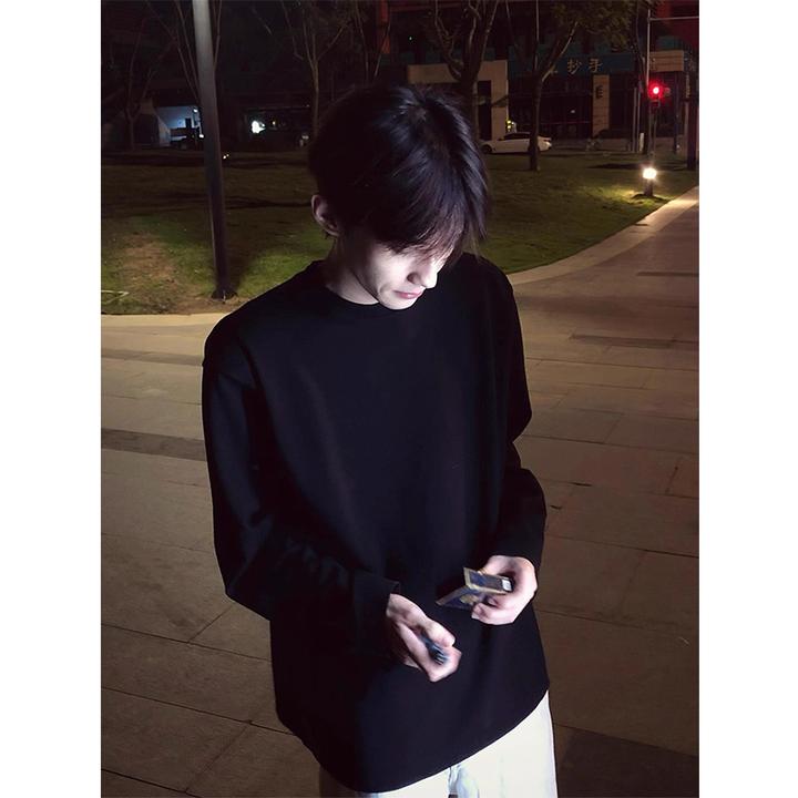 cleanfit黑色圆领上衣男款秋季男生小领口长袖T恤纯棉内搭打底衫