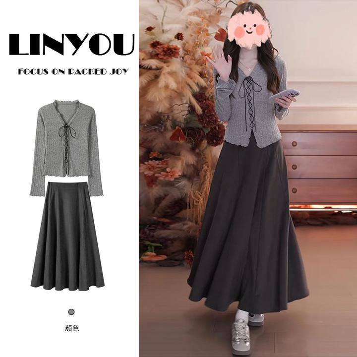 纯欲松弛感女装春秋季新款复古针织长袖t恤高腰显瘦半身裙两件套