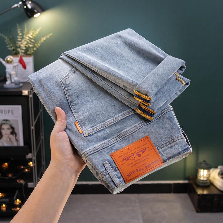 【水洗白玉蓝】8828夏季薄款潮流水洗浅蓝色百搭弹力直筒牛仔裤男