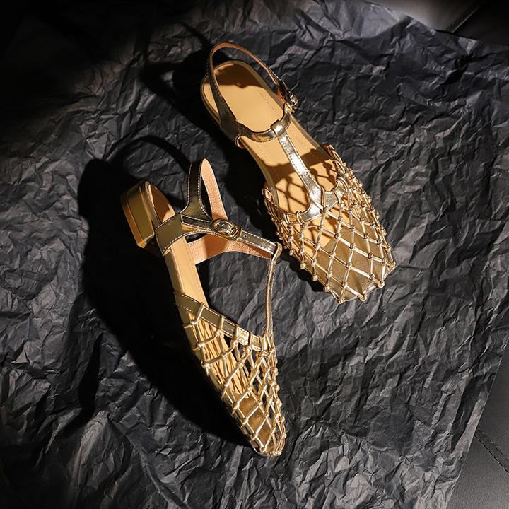 现货法式复古金色镂空网状银色绝美包头凉鞋女后空扣带低跟女单鞋
