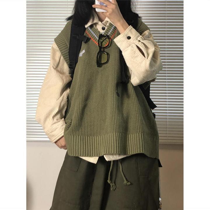 两件套装春秋季灯芯衬衣宽松衬衫叠穿毛衣马甲背心学院风潮