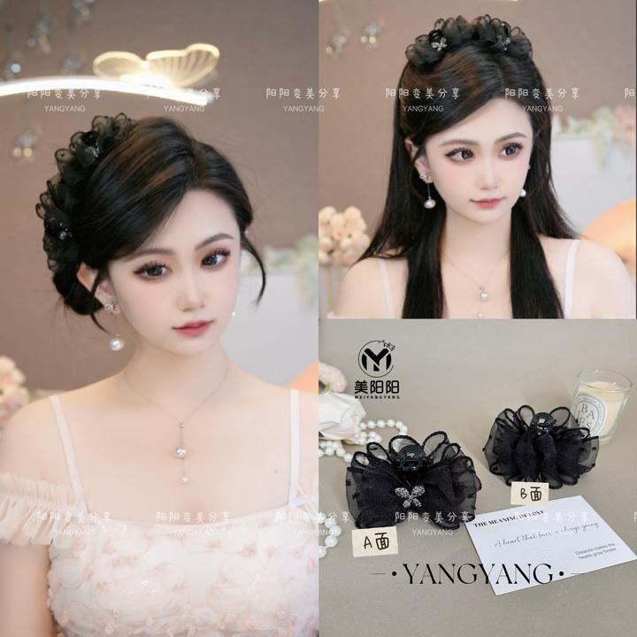 森系复古简约百搭AB面黑天鹅网纱碎钻蝴蝶发夹发卡发饰7cm