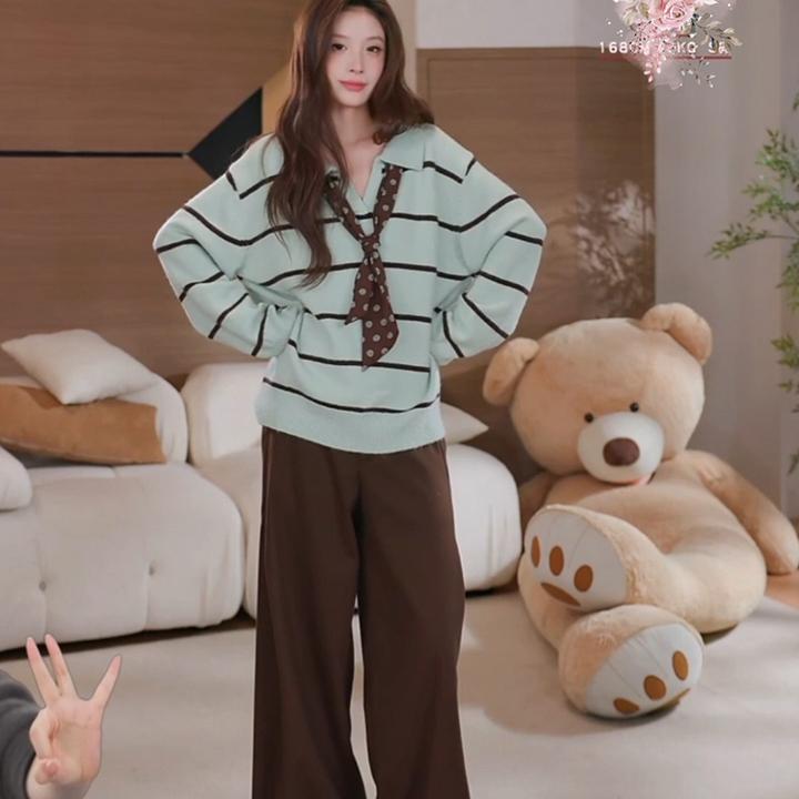 慵懒宽松遮肉显瘦条纹针织衫女秋季新款小众时尚翻领长袖通勤上衣