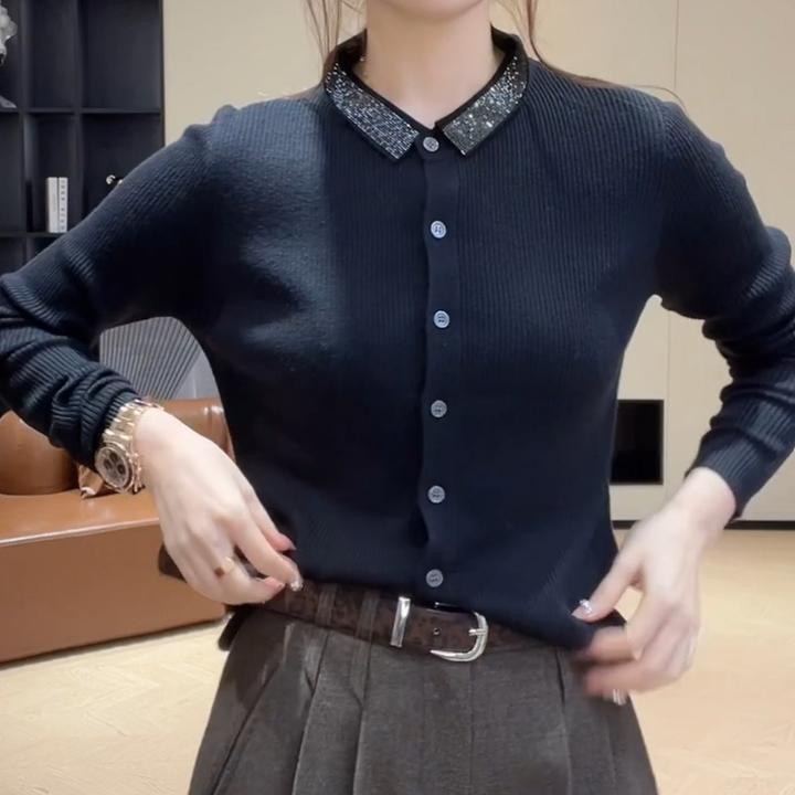 秋冬显瘦烫钻翻领单排扣显瘦打底上衣百搭针织长袖上衣LK2507197