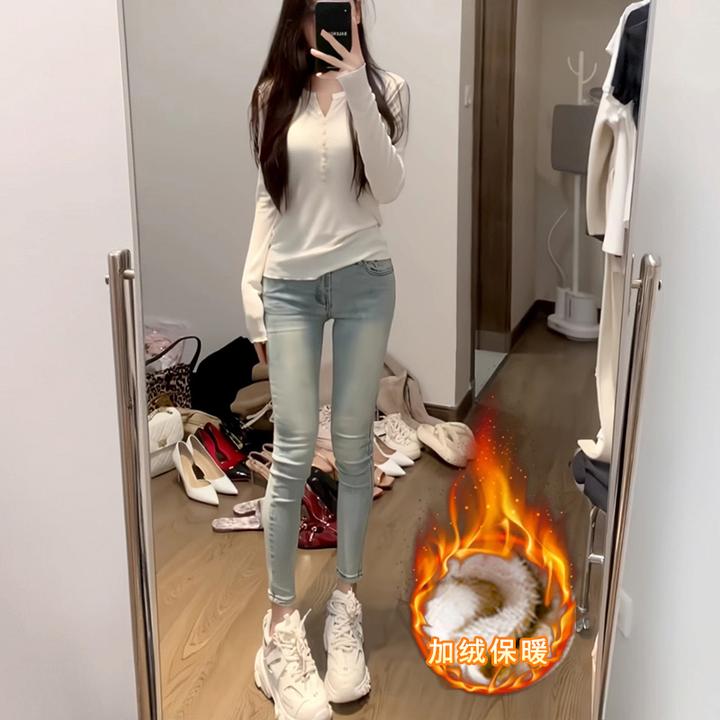 秋冬加绒加厚浅蓝弹力紧身显瘦九分铅笔韩版复古高腰小脚牛仔裤女