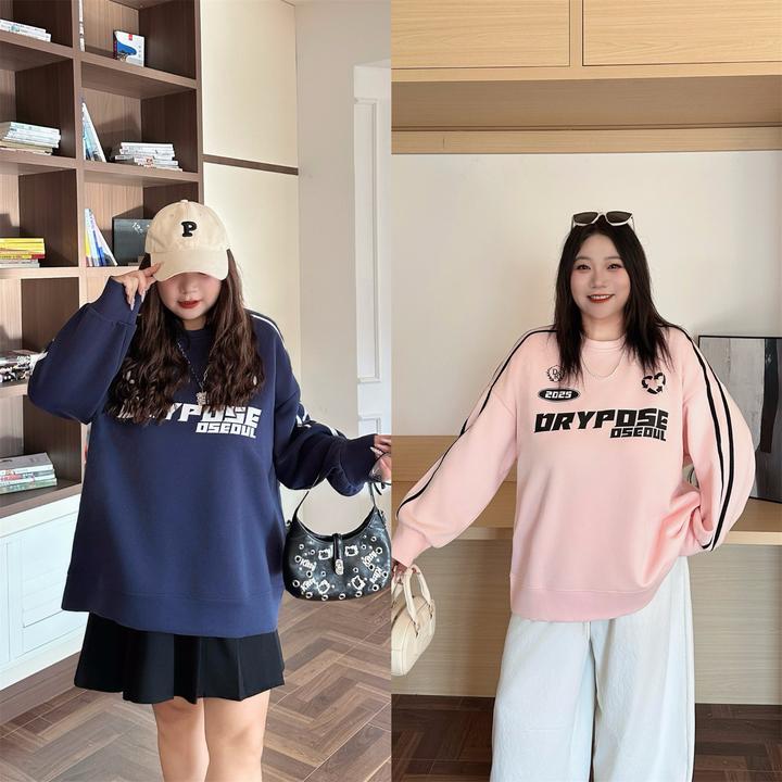 大码女装秋季宽松花契200斤胖mm美式校园风嘻哈字母卫衣6930-H