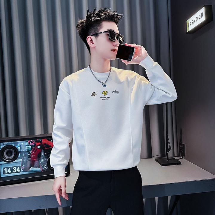 男士刺绣卫衣帅气长袖T恤圆领体恤上衣2025新款春秋季内搭打底衫