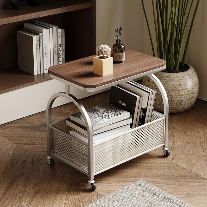 胡桃色可移动边几客厅银色小推车网红简约小茶几小户型卧室床头柜