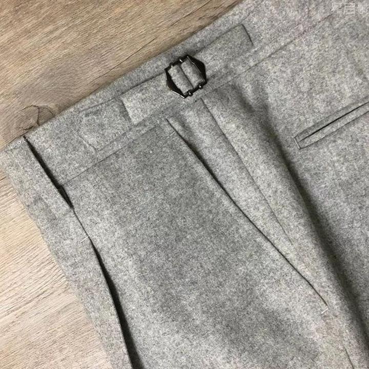 休闲男士烟灰色羊毛法兰呢那不勒斯长裤翻边西裤高腰小直筒男裤