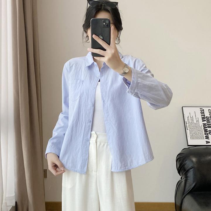 【100%棉 成衣洗水】小个子慵懒风纯棉防晒休闲衬衣衬衫【只有衬衫】