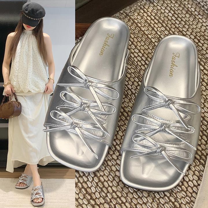 蝴蝶结凉拖鞋女夏外穿2025年新款配裙子软底沙滩休闲方头一字拖鞋
