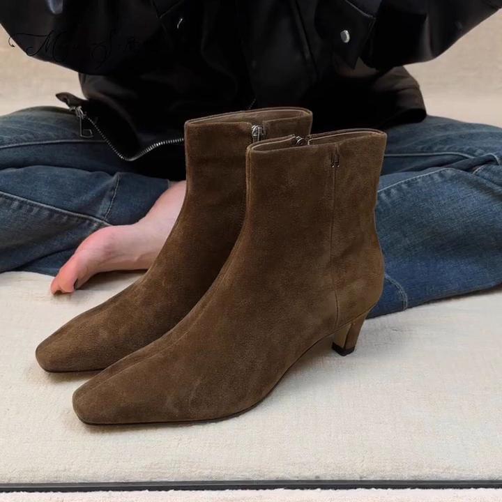 牛皮版~复古极简小猫跟方头瘦瘦靴女绒面侧拉链细跟通勤高跟短靴