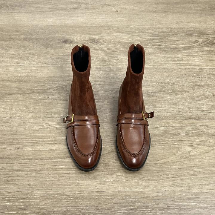 Dannyfrey新款英伦风复古真皮粗跟短靴女百搭拼接皮带扣 切尔西靴