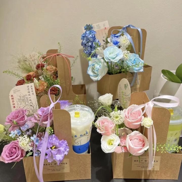 咖啡奶茶花盒杯托外带包装盒鲜花手提盒插花礼盒花束包装牛皮纸盒