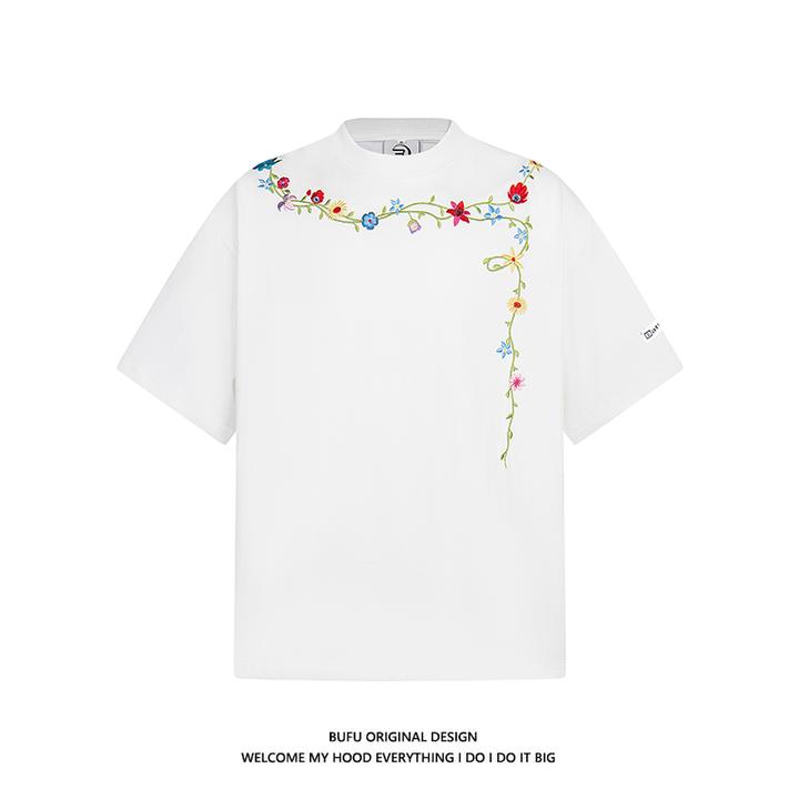 亿万少年BUFU美式潮牌创意花朵项链刺绣短袖T恤男女情侣夏季宽松